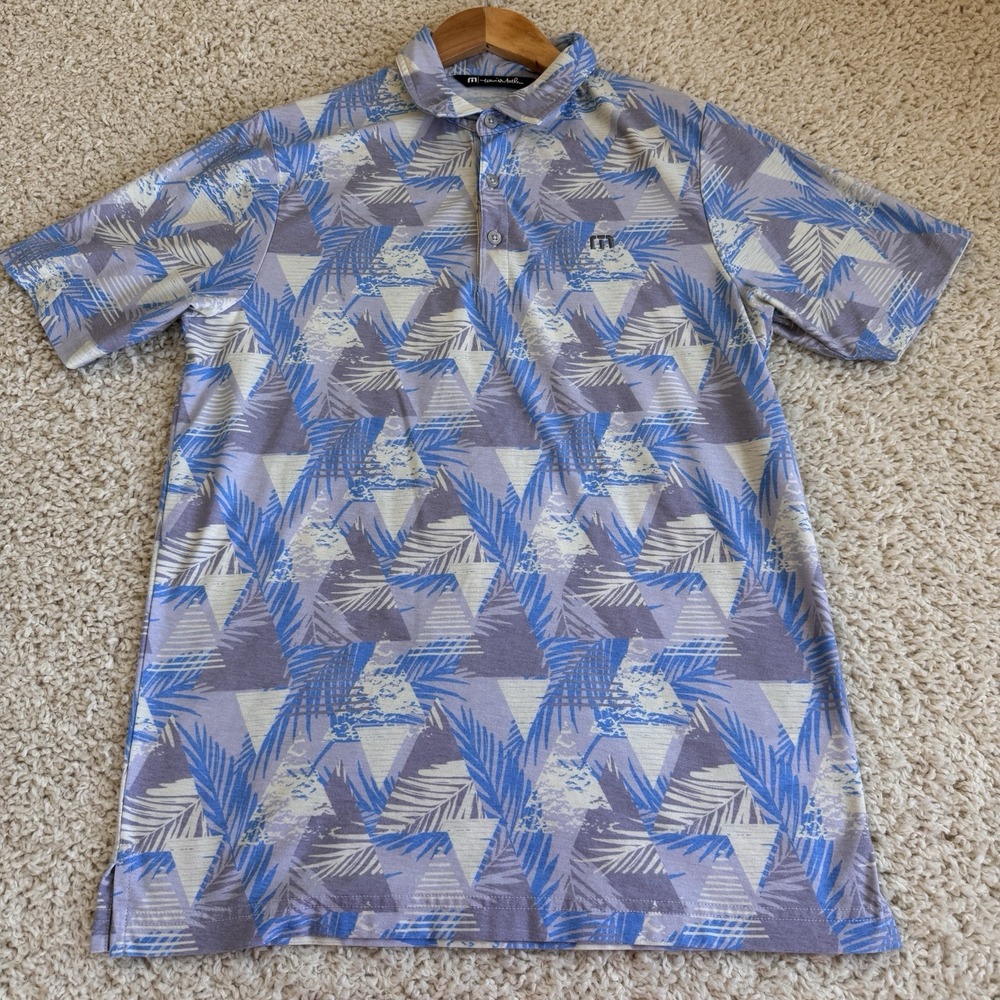 TravisMathew Polo Shirt Mens Small Blue Tropical Geometric Palm Leaf Excellent